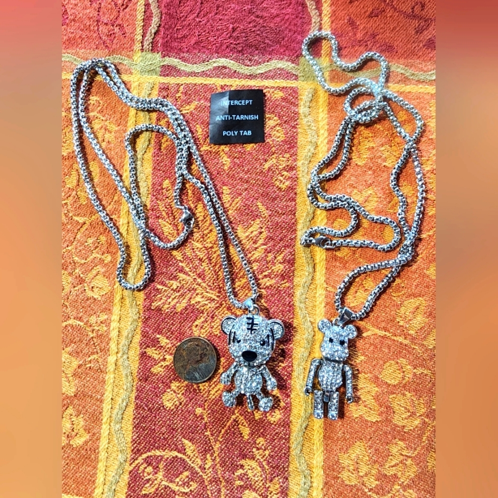 Pair Bear Rhinestone Necklaces